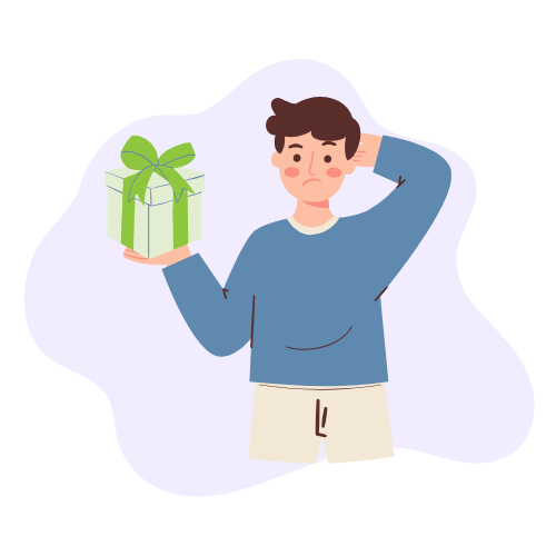 Illustration of a person looking uncertain while holding a wrapped gift, representing an unrecognized ADHD diagnosis.