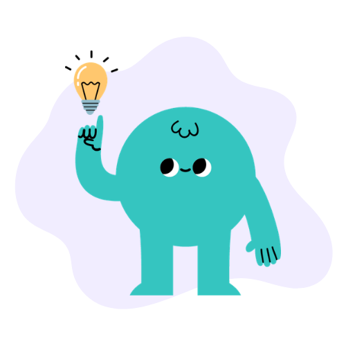Playful teal character holding a glowing lightbulb, representing education about ADHD and self-advocacy.