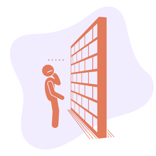 Illustration of a person standing in front of a brick wall, appearing unsure, symbolizing barriers and challenges one might face while managing ADHD.