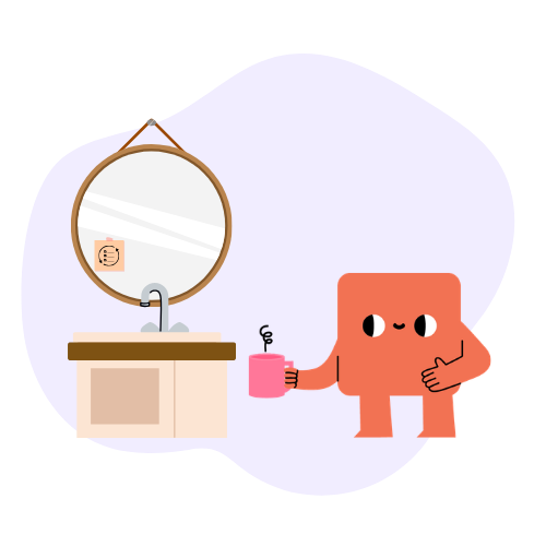 Cartoon character holding a coffee mug beside a bathroom sink, depicting a morning routine.