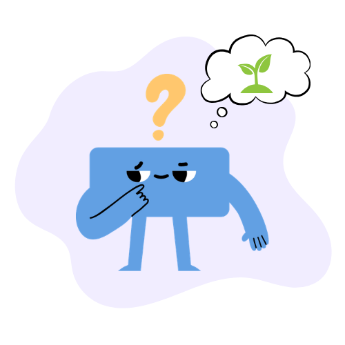 Illustrated character with a question mark overhead and a thought bubble showing a sprouting plant, representing curiosity and the potential for growth with ADHD.