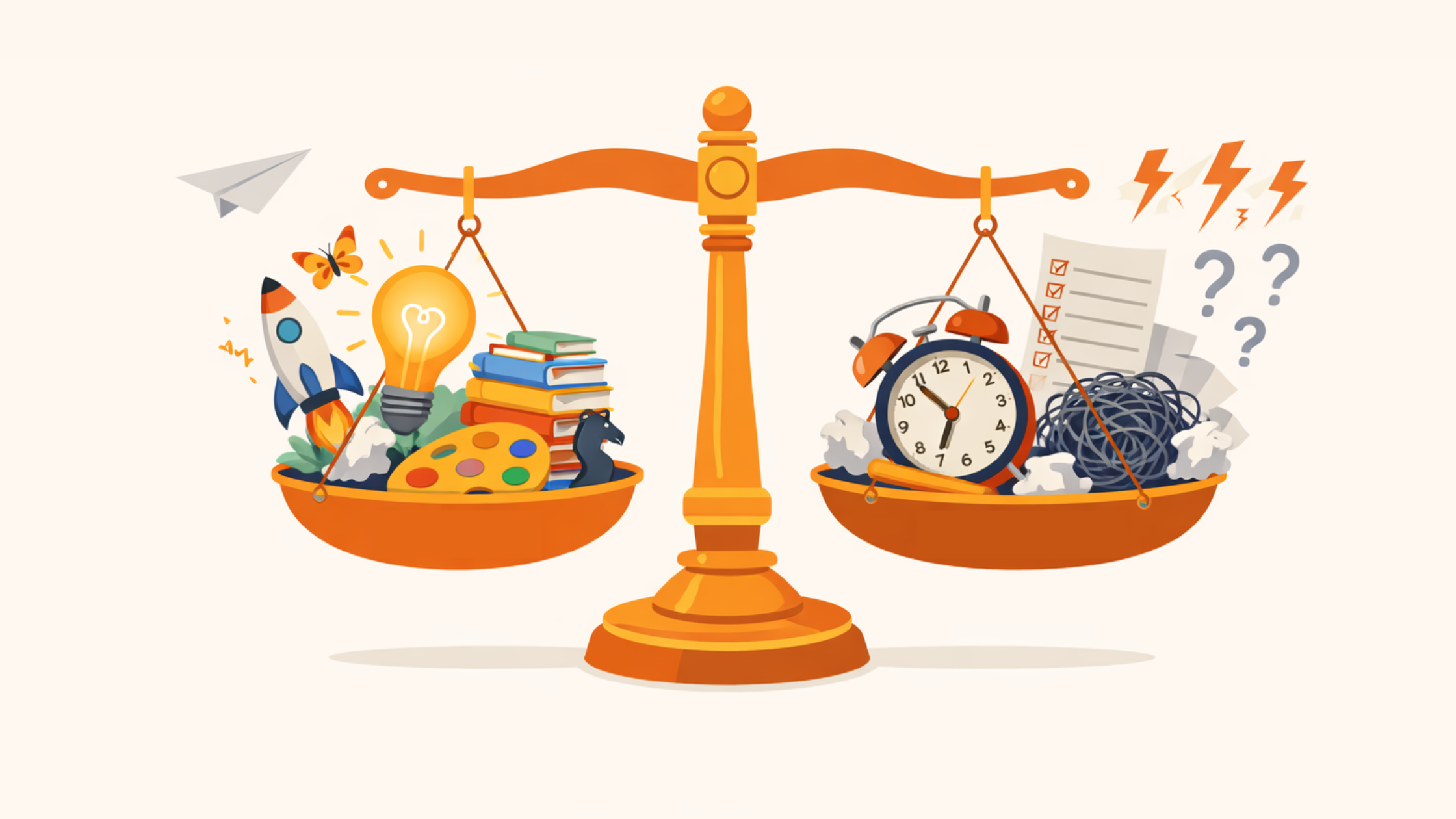 Illustration of a balanced scale representing the two sides of the "ADHD as a gift" debate. The left side holds symbols of creativity and inspiration — a rocket, glowing lightbulb, stacked books, paint palette, butterfly, and paper airplane.