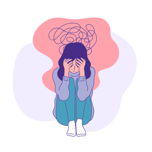 Illustration of a person curled up with tangled lines above their head, representing the anxiety and overwhelm ADHD can bring to risk-taking.