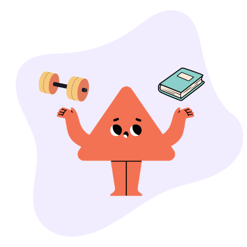 A cute cartoon character juggling a dumbbell and a book, symbolizing balancing cognitive tasks with physical activities to add variety and stimulate focus.