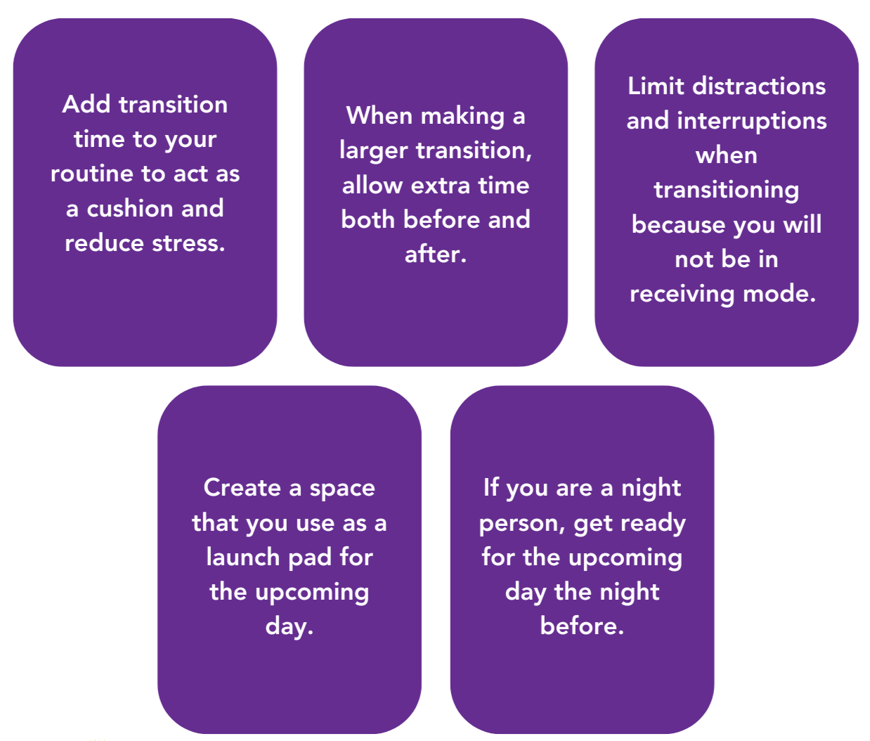 Purple text cards with tips for easing transitions, including 'Add transition time to your routine,' 'Limit distractions,' and 'Get ready for the upcoming day the night before.'