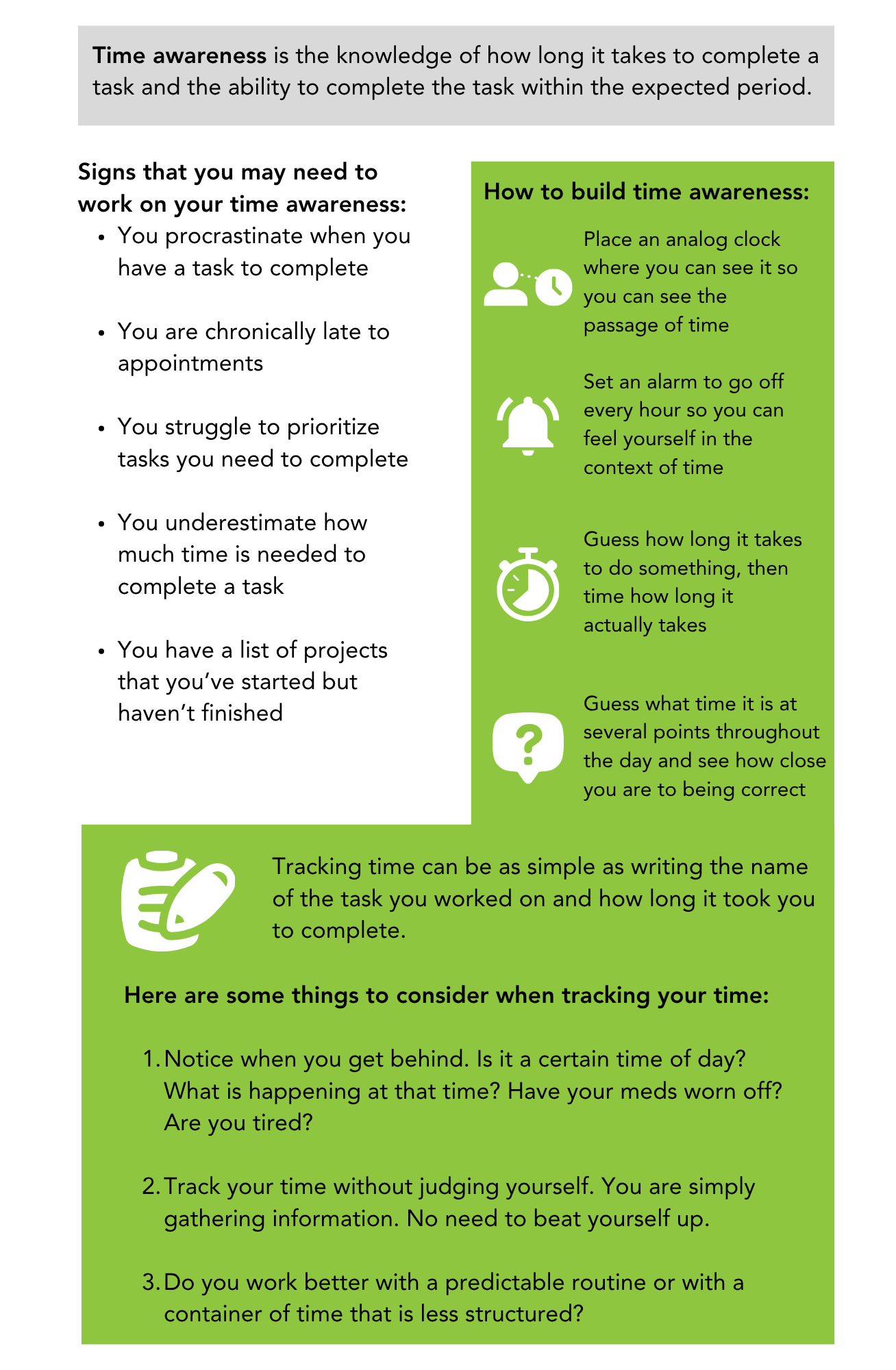 An infographic defining time awareness and providing tips like using analog clocks, setting alarms, and tracking task durations to build better time management skills.