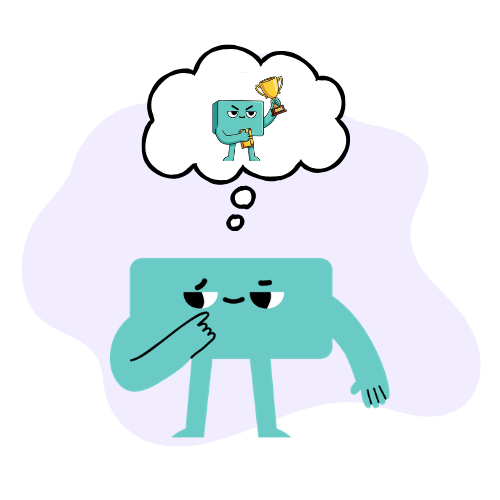Illustrated character thinking about a trophy-holding version of itself, representing visualizing success and building self-belief with ADHD.