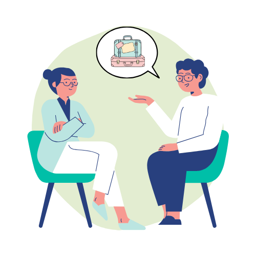 Illustration of two people seated across from each other in conversation, with a suitcase in a speech bubble, representing therapy to unpack the emotional weight of living with ADHD.