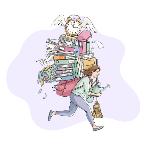 Illustration of a woman running while carrying a towering stack of files, clocks, and chores