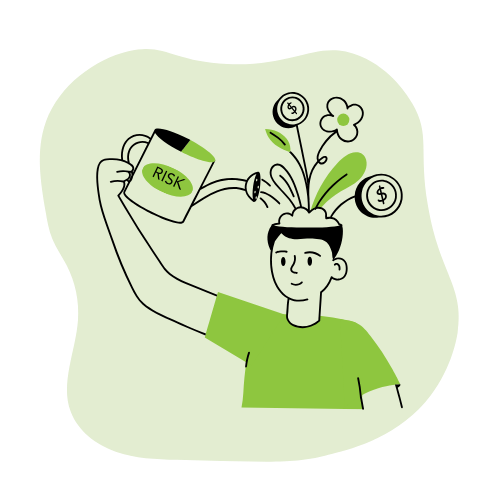 Illustration of a person watering their own head with a can labeled "Risk," with flowers and coins growing out, representing how embracing risk cultivates growth and reward.