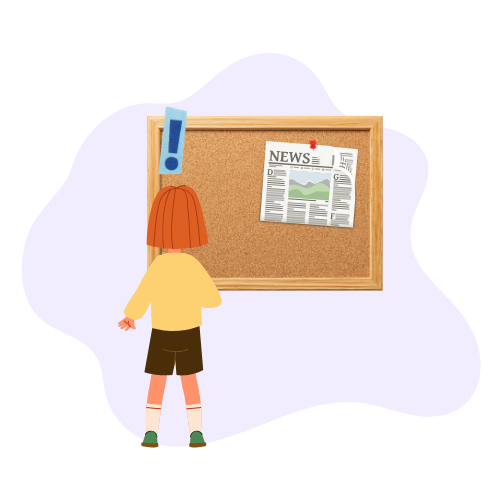 Illustration of a child looking at a bulletin board with a newspaper pinned to it, representing an ADHD diagnosis becoming public knowledge.