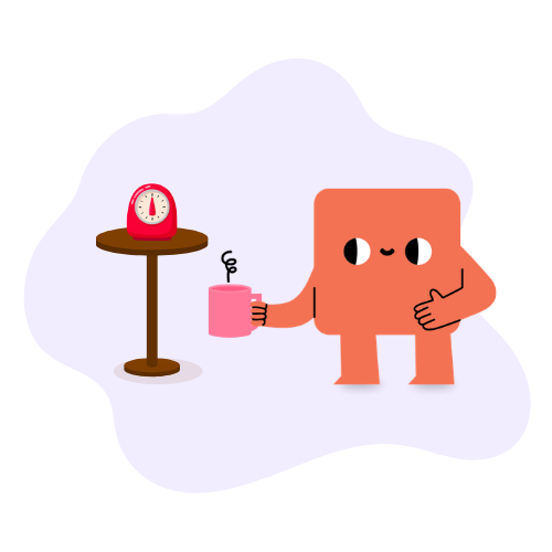 A cheerful cartoon character holding a coffee cup next to a table with a red timer, symbolizing using routines and timers to overcome procrastination and stay focused.