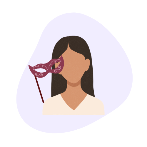 Minimalist illustration of a faceless woman with long dark hair holding a decorative masquerade mask on a stick beside her face, symbolizing the persona people with ADHD present to the world.