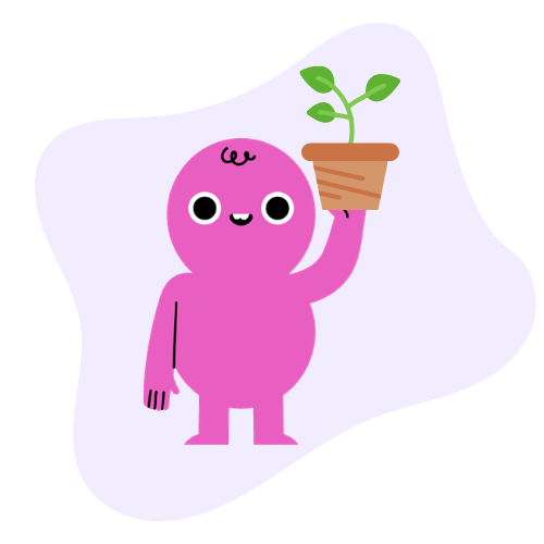 Cartoon pink character holding a potted plant, representing a playful and joyful approach to nurturing growth and embracing change.