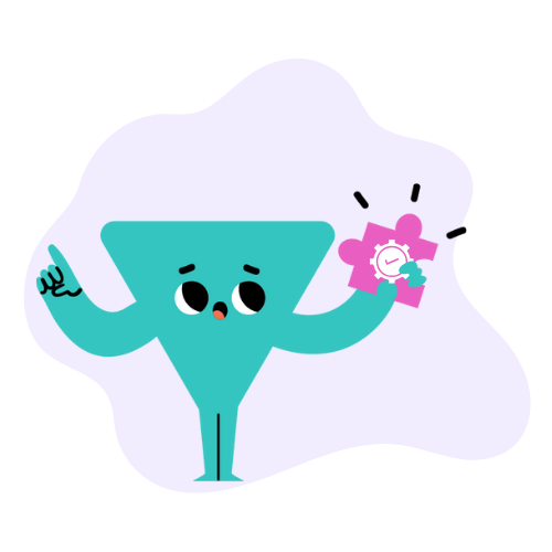 A blue character in the shape of a triangle holding a puzzle piece with a cogwheel of automation on it.