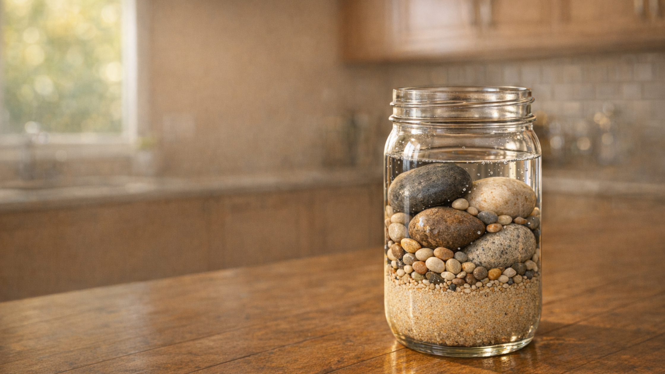 A glass jar sits atop a wooden kitchen table. Inside the jar are rocks, pebbles, sand and water.
