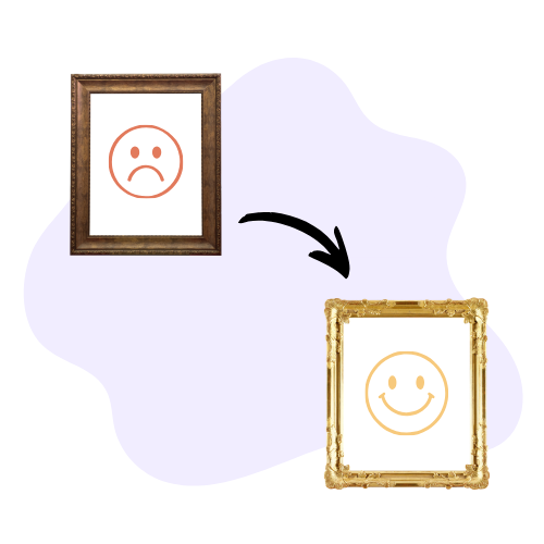 Two picture frames side by side, one with a sad face in a brown frame and the other with a happy face in a gold frame, connected by an arrow to represent reframing thoughts positively.