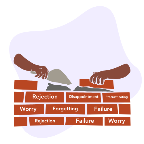 Disembodied hands building a brick wall. Each brick contains a word such as rejection, disappointment, procrastinating, worry, forgetting and failure.