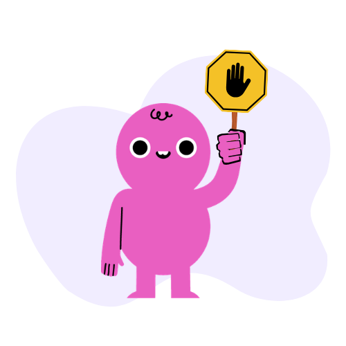 Illustrated pink character holding a stop sign, representing the caution needed before disclosing an ADHD diagnosis.