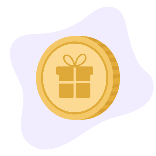 Gold coin icon featuring a gift box symbol, on a soft lavender background.