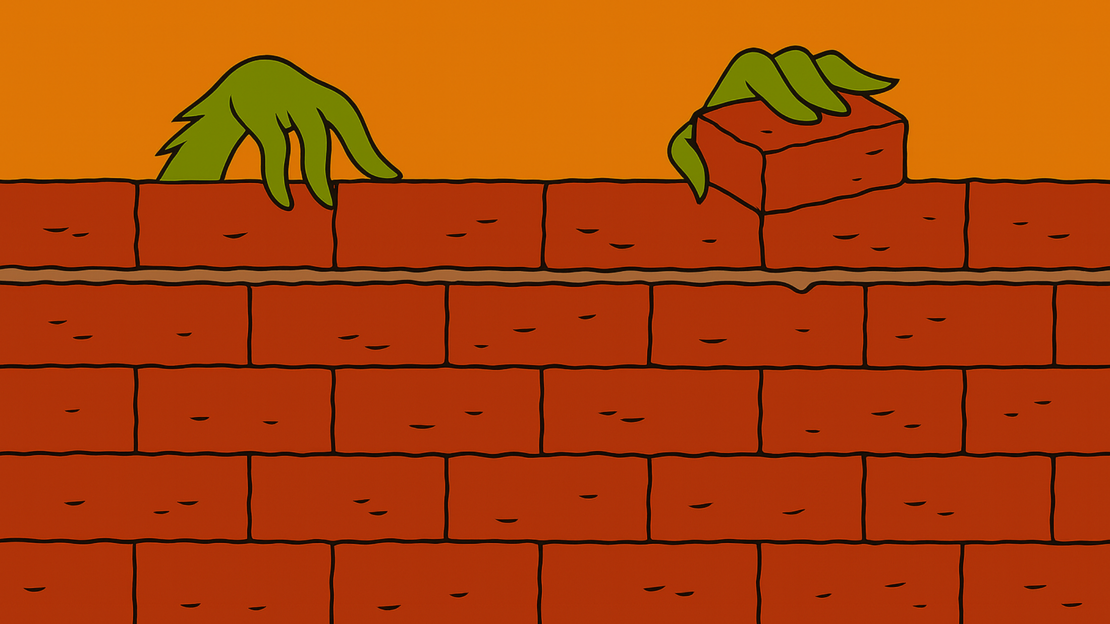 A brick wall being built by a pair of fuzzy green hands.