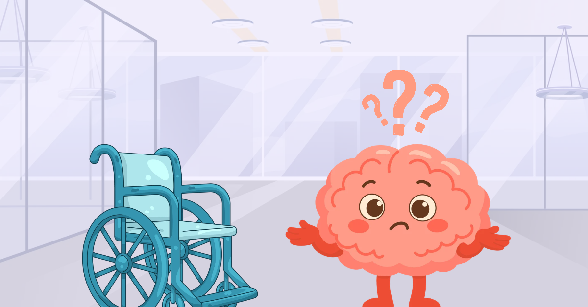Cartoon brain with question marks stands beside a wheelchair, illustrating ADHD as an invisible disability