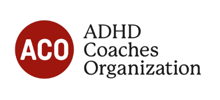 Logo of ADHD Coaches Organization with a red circle containing 'ACO' text and the organization name next to it.