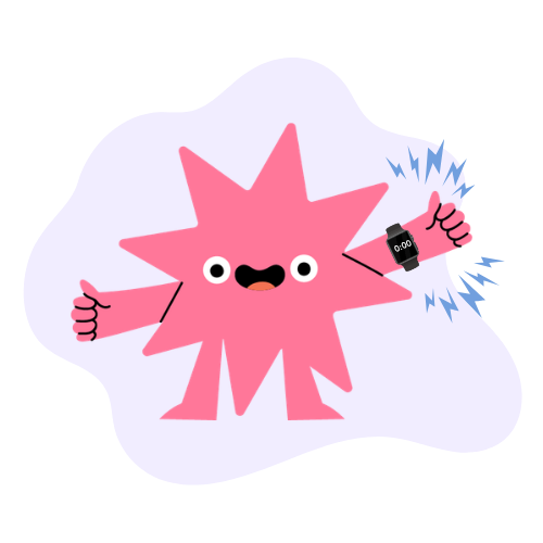 Pink star character wearing a vibrating smartwatch, representing kinesthetic time awareness.