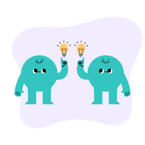 Two friendly teal characters touching raised lightbulbs, suggesting shared ideas and mutual support.