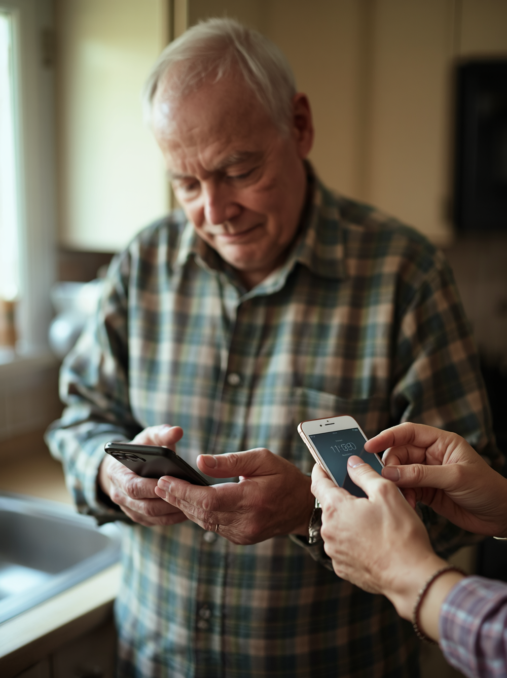 An older man holding his old phone while being handed a new one