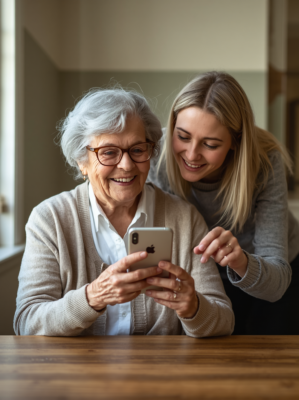 An older woman smiling at her phone while a younger woman helps her