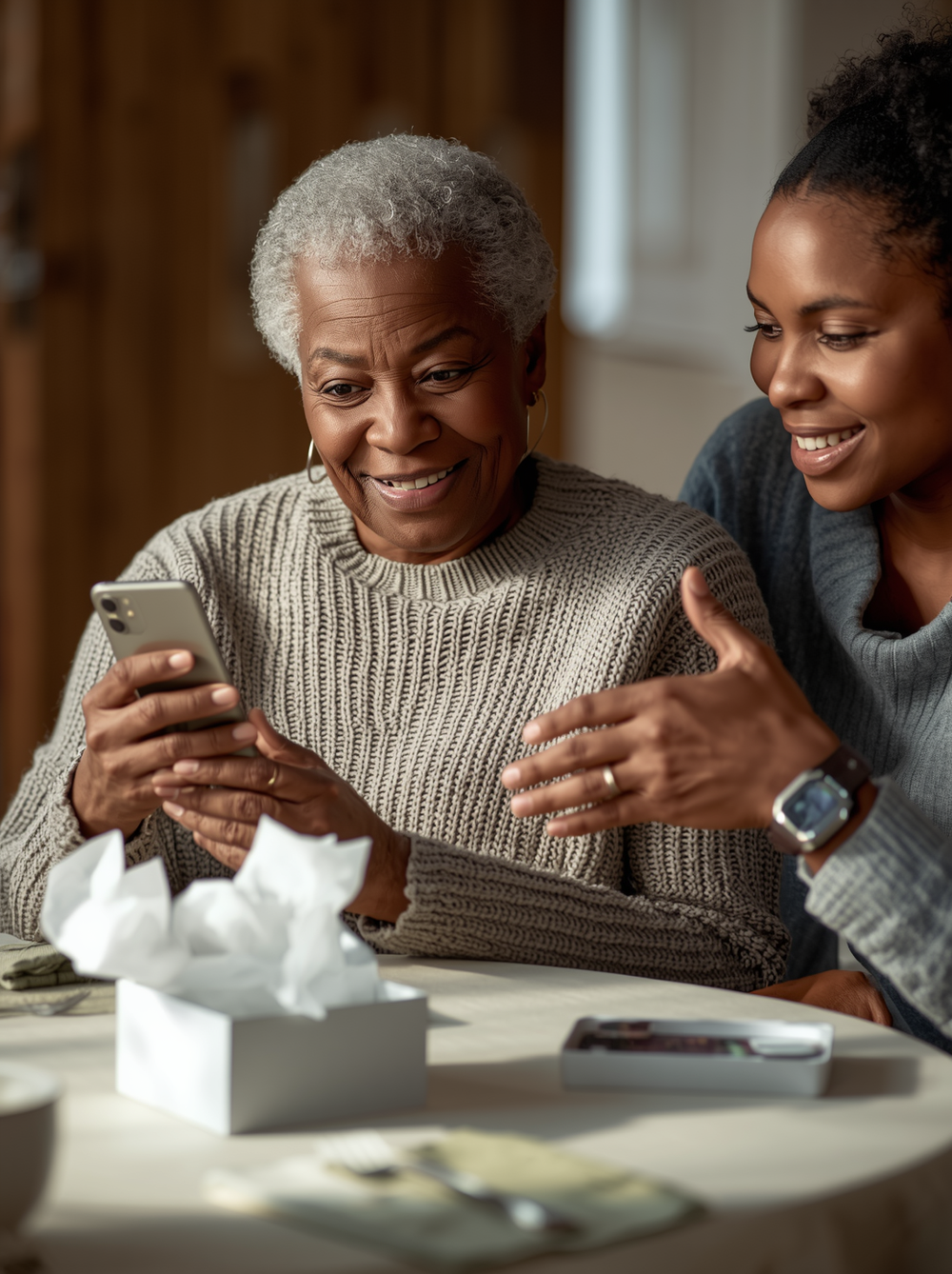 A smiling woman holding her phone while a family member shows her something