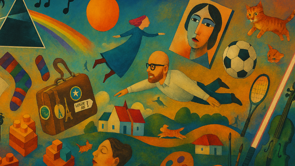 Giuseppe Palermo - Colorful mural featuring various objects and figures, including a flying person, cats, a soccer ball, a tennis racket, a violin, a suitcase, and portraits of women, set against a landscape with houses, trees, and a rainbow.
