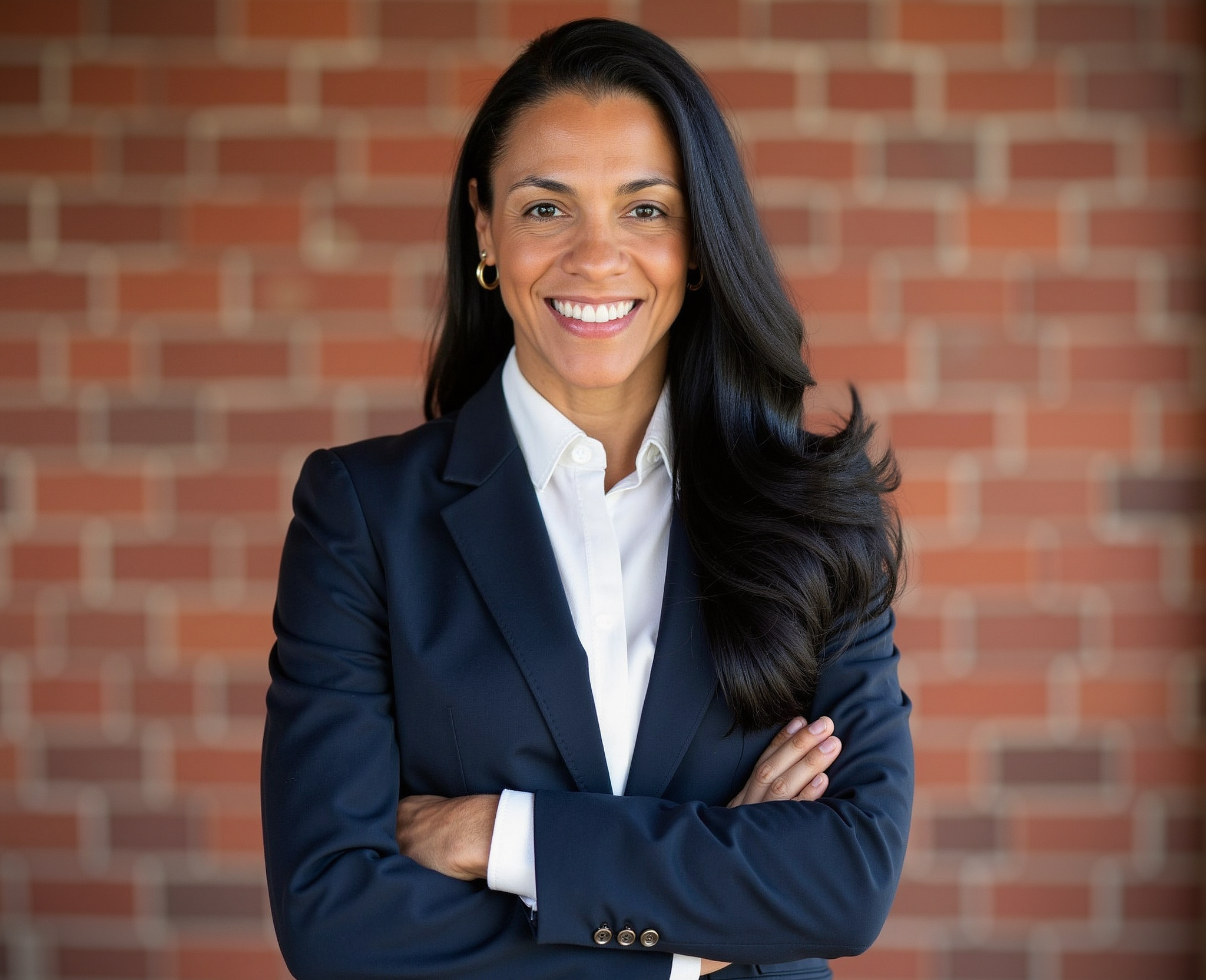 Portrait of a confident woman in a navy blazer and white shirt standing in front of a red brick wall.