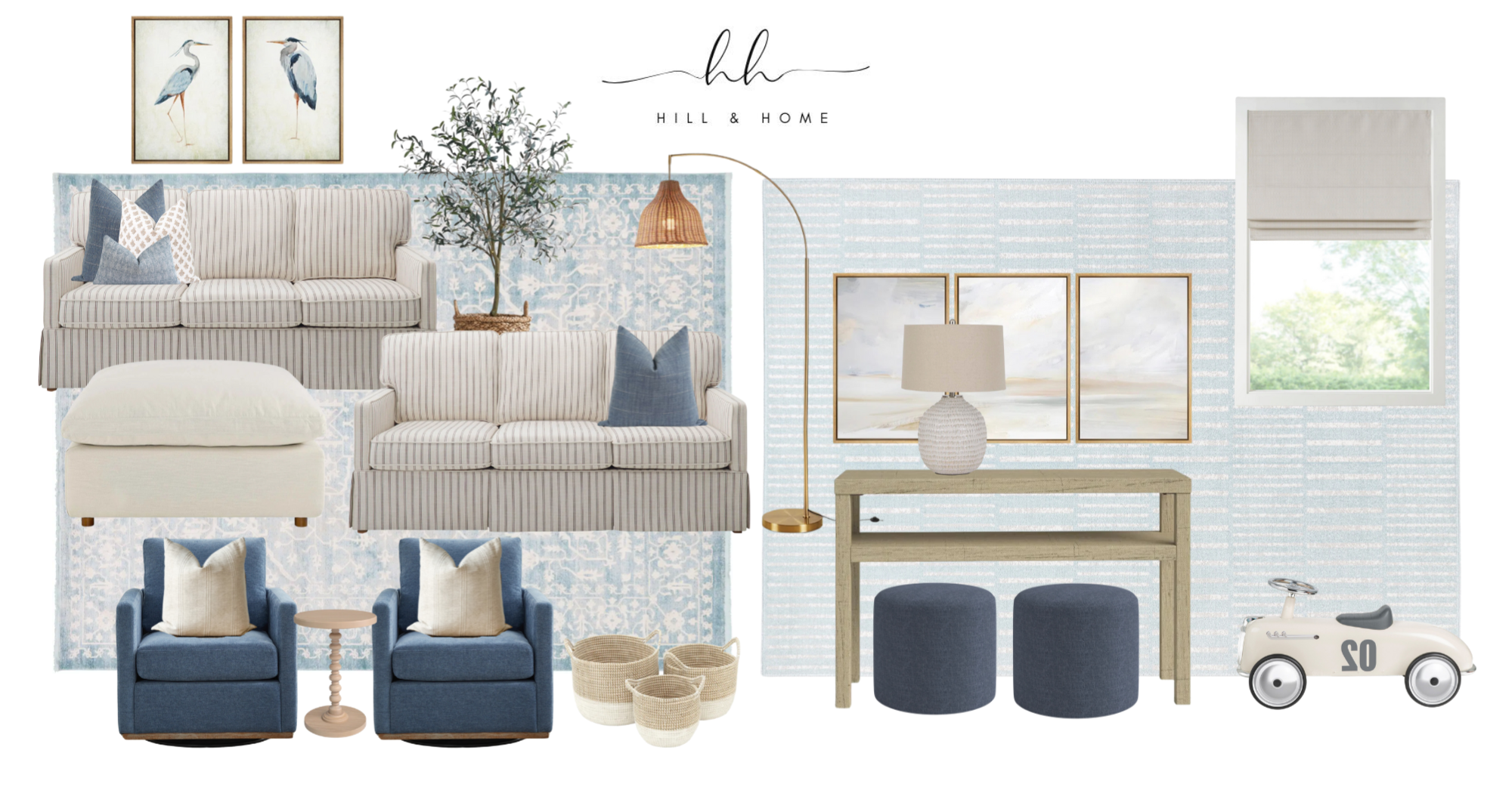 Interior living room decor with light-colored sofas, blue armchairs, framed art, a window with a shade, side table, table lamp, decorative baskets, floor lamp, and a children's ride-on toy.