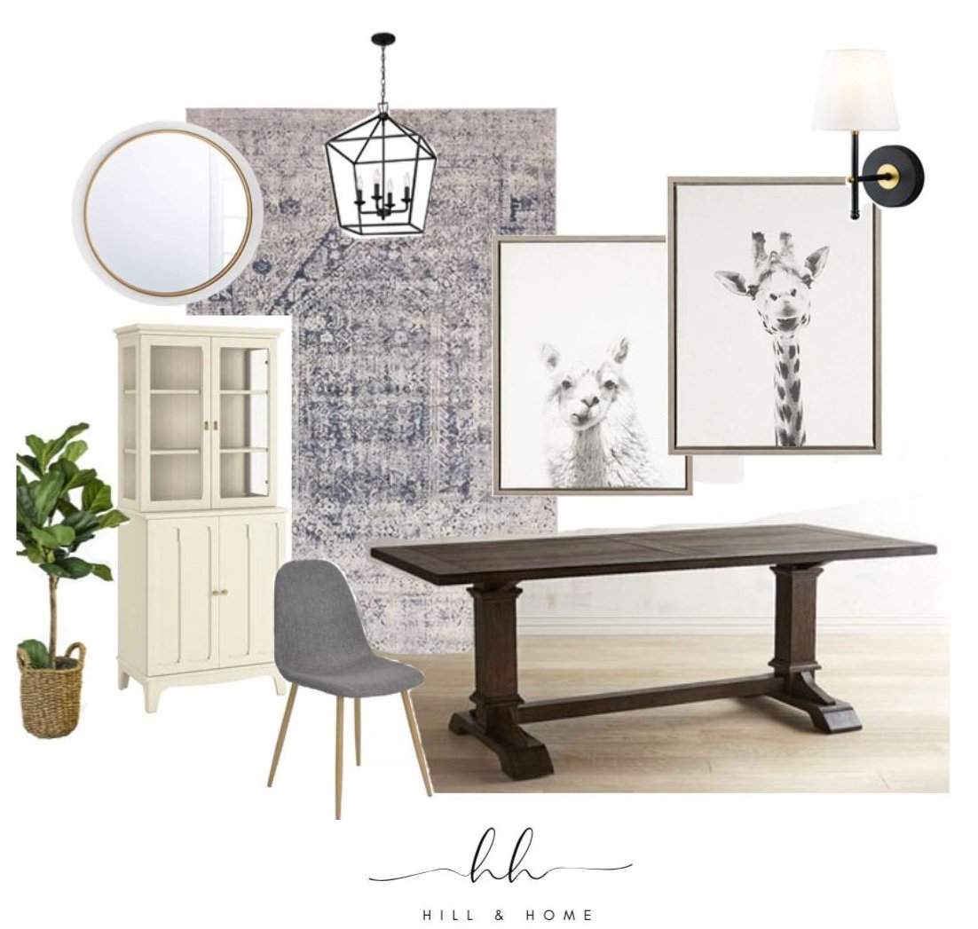 Interior space with a wooden dining table, gray chair, white cabinet, decorative plant, geometric chandelier, round mirror, animal print wall art featuring a giraffe and a llama, and a wall-mounted lamp.