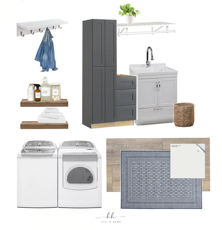 Laundry room with washer and dryer, gray and white cabinets, shelves with plant and towels, a basket, a rug, and wall hooks with a towel.