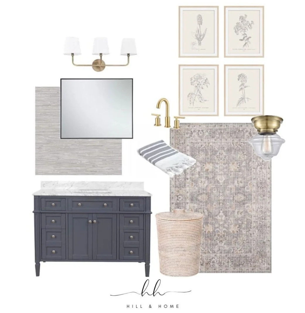 A collection of home decor items including a navy blue sideboard with a marble top, a large mirror, a wall-mounted light fixture with three white shades, four botanical prints in white frames, a gold faucet, a striped hand towel, a woven basket, a vi