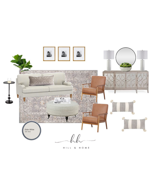 Living room with white sofa, two leather armchairs, a round ottoman, and striped pillows, with wall art, a side table, a sideboard with lamps and a round mirror, and a potted plant, in a neutral color palette.