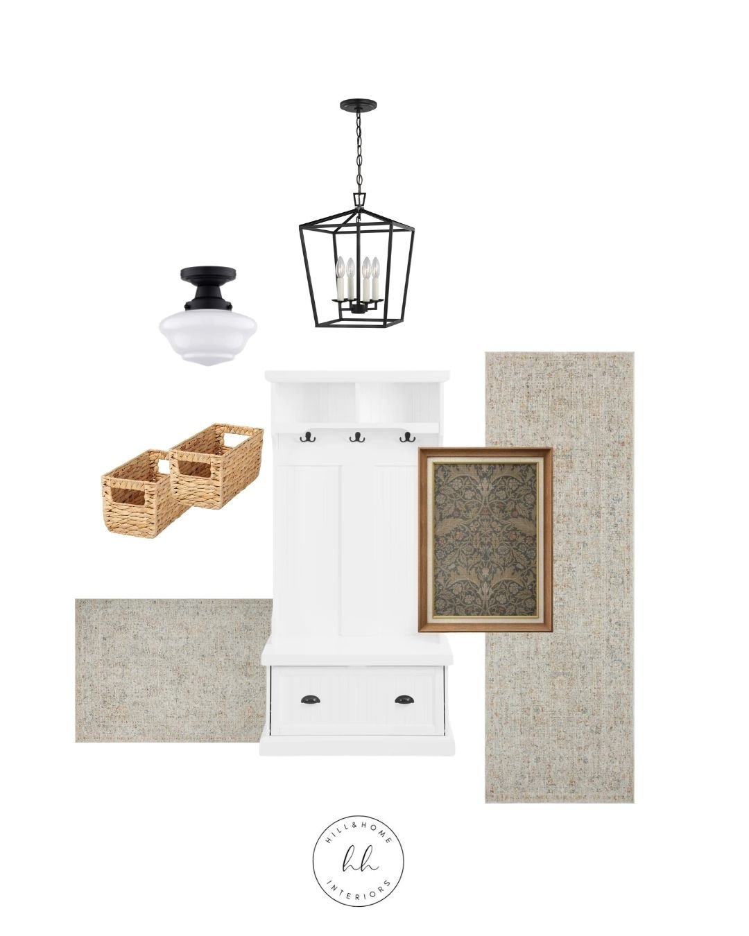 design board with lighting, rugs, and accessories for entryway