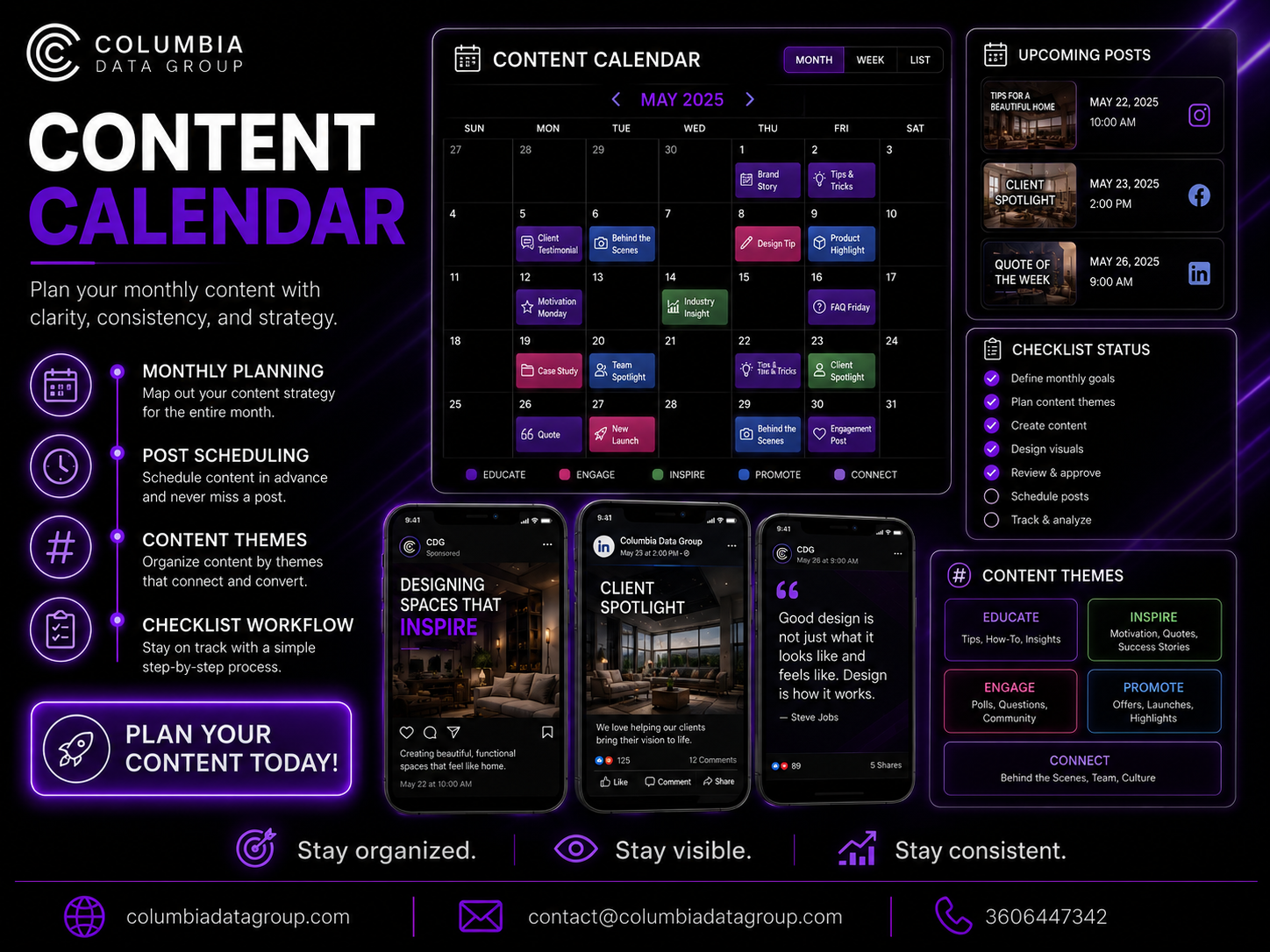 Content calendar buildout service for small businesses by Columbia Data Group