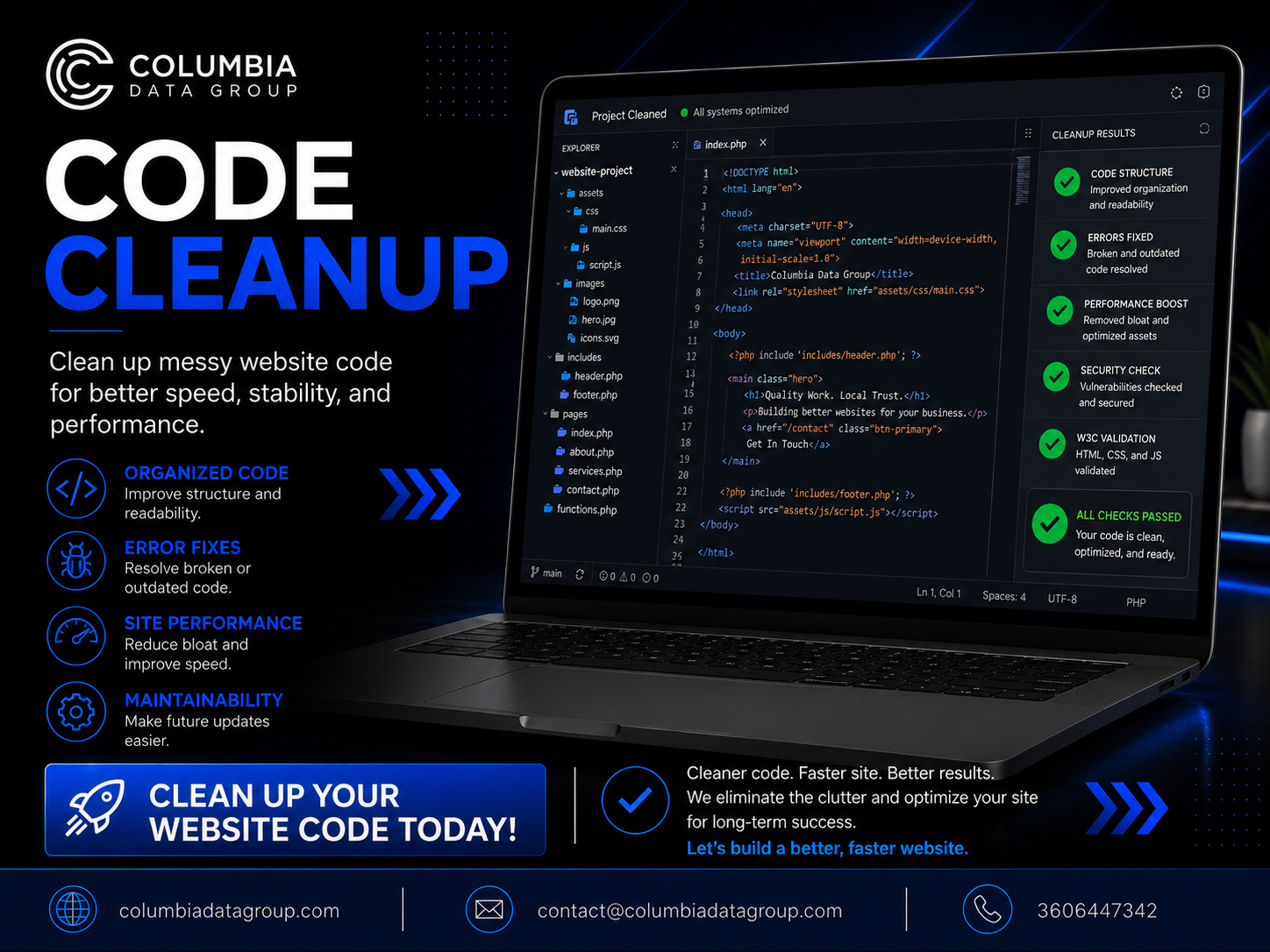 Website code cleanup service by Columbia Data Group