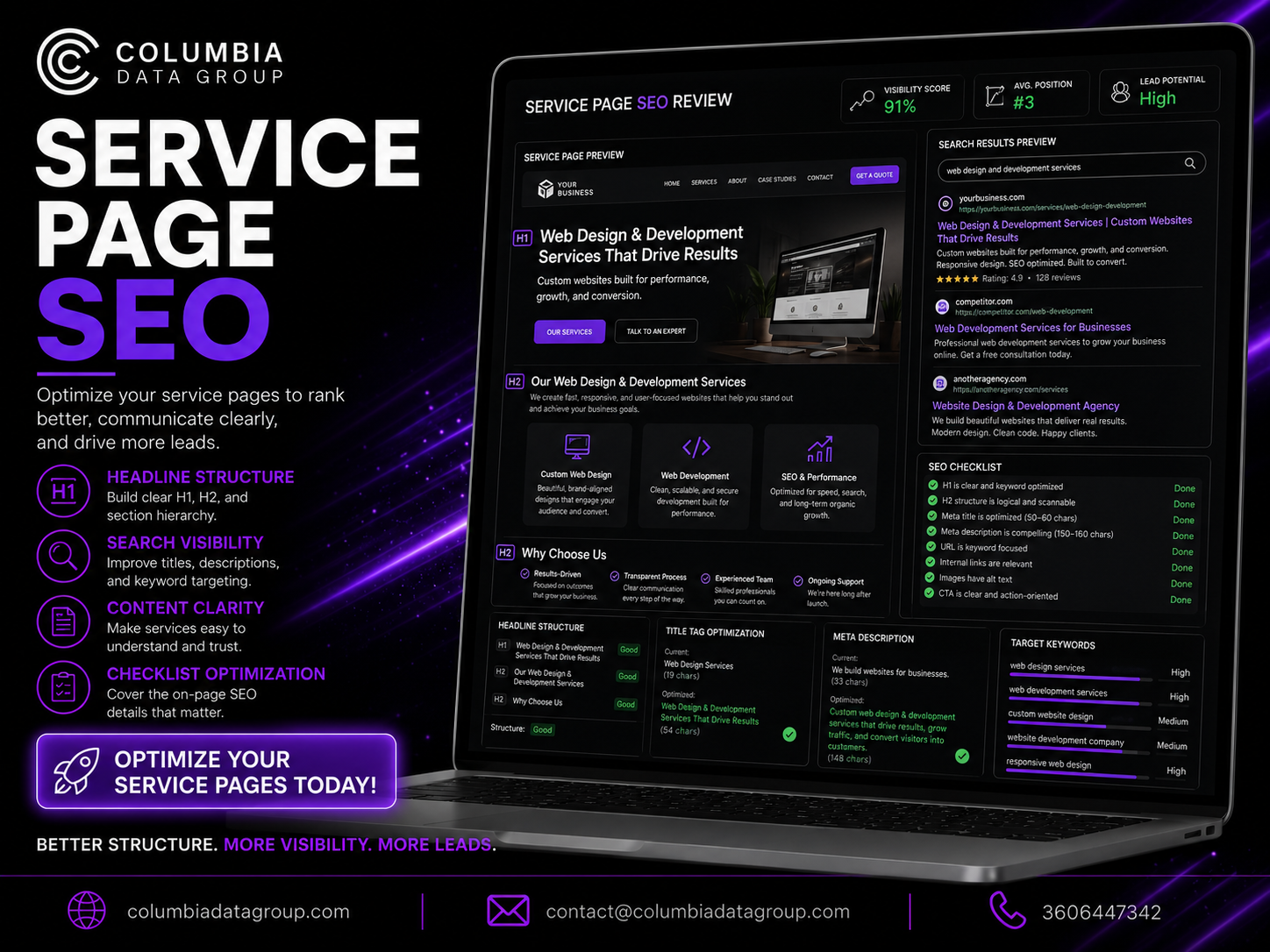 Service page SEO package for small business websites by Columbia Data Group
