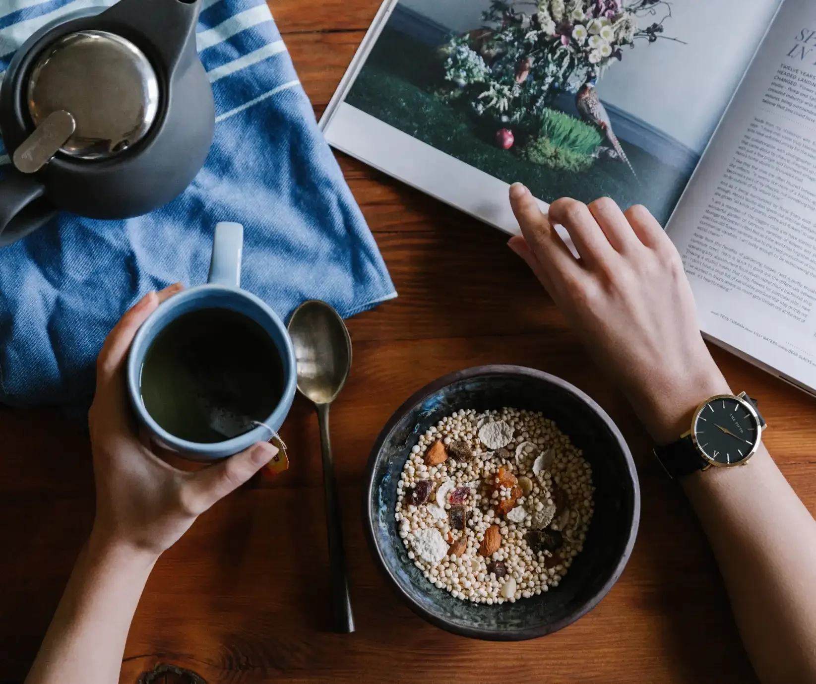 Nutritious meal, herbal tea, and calming daily routine to support mental health, stress resilience, and overall wellness