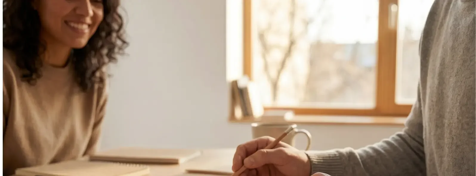 Mental health professional meeting with a client in a welcoming office, representing compassionate counselling and emotional wellness support.