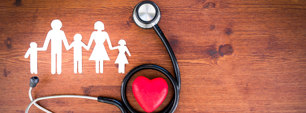 Stethoscope, heart, and family icon representing integrative healthcare services for individuals and families at True Health Integrative Clinic.