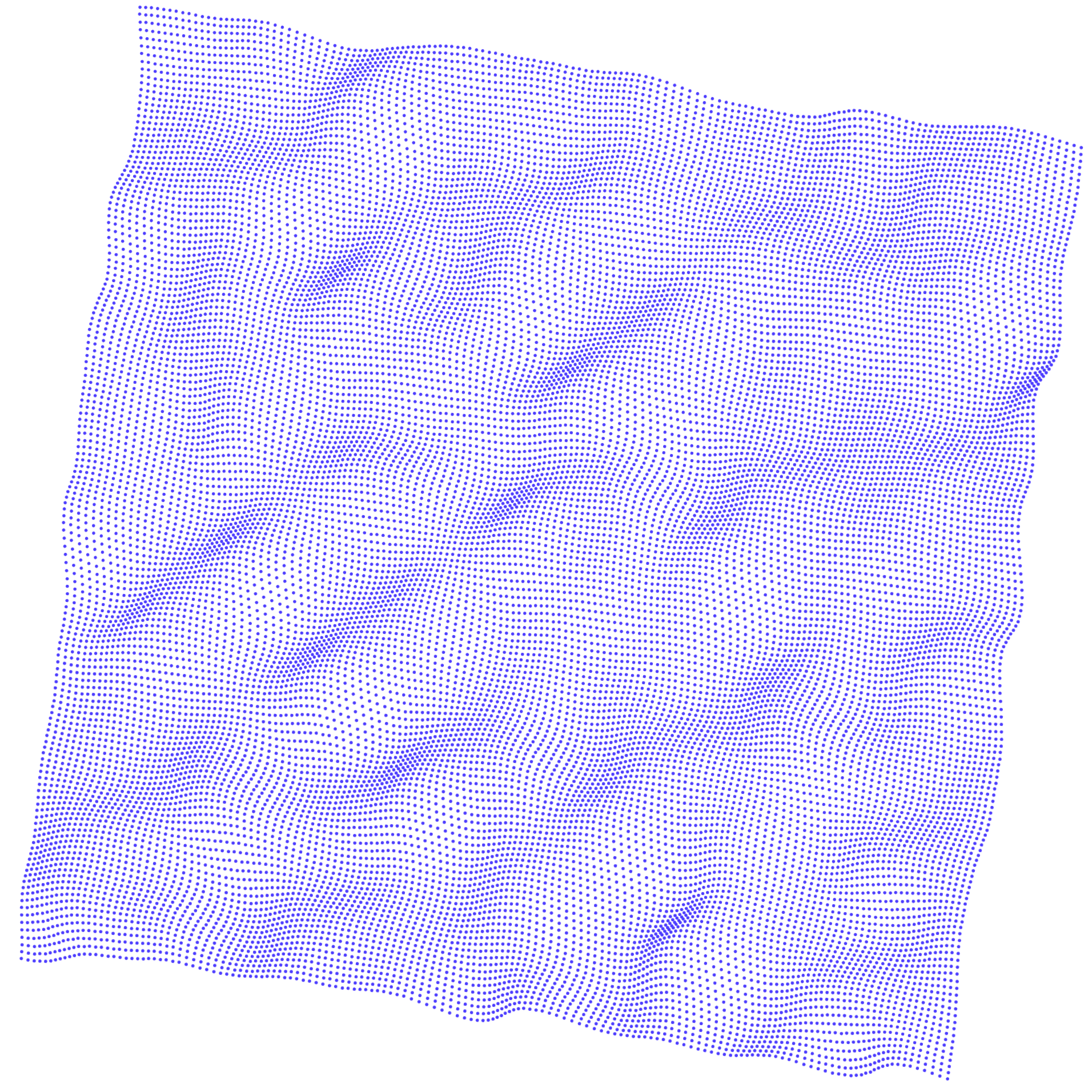 A digital 3D model of a wavy, grid-like surface with a black background, composed of small blue dots forming a mesh.