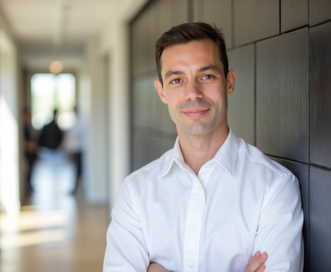 Man with dark hair wearing a white shirt leaning against a wall in a bright corridor.