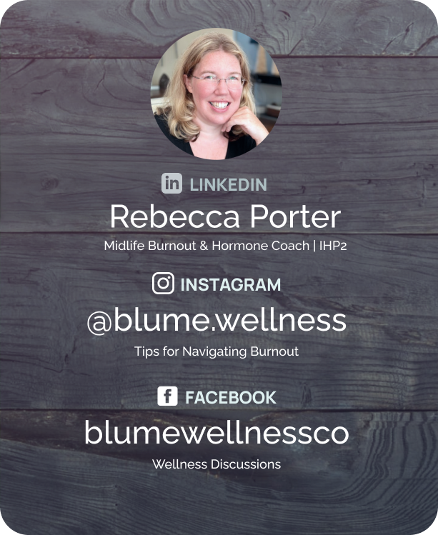 Business card for Rebecca Porter, a midlife burnout and hormone coach, featuring her LinkedIn, Instagram, and Facebook information and profile picture.