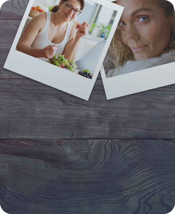 Two instant photos are placed on a dark wooden surface. The first photo shows a woman with glasses smiling while preparing a salad in a bright kitchen. The second photo shows a woman with curly hair lying down, looking at the camera with a gentle smile.